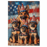 Mother German Shepherd with Three Puppies in Patriotic Outfits and Party Hats on American Flag Background on Ready to Hang 1.5" Thick Canvas Wrap, Floating Framed Canvas, Flat Rolled Canvas